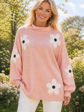 Nina Leonard Soft Floral Tunic Sweater 1X NWOT Peach Lightweight